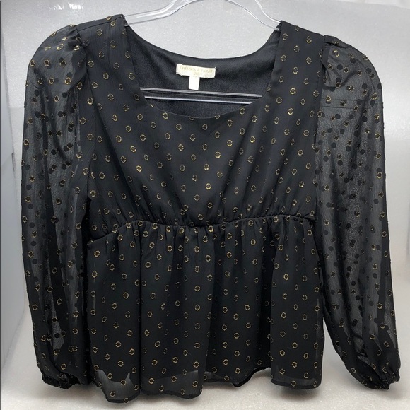 NEW Chelsea & Violet Top Black Gold Babydoll Sheer Sleeve Blouse Girls M 10/12 - Picture 2 of 14